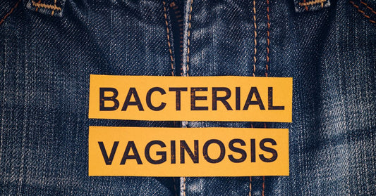 Close-up image of jeans at the vaginal area with text 'Bacterial Vaginosis', highlighting the connection between vaginal health and infections.