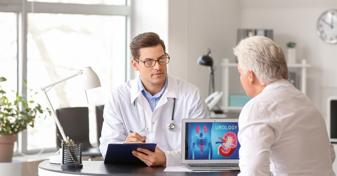 Senior man consulting with a urologist in a medical clinic for prostate health check-up