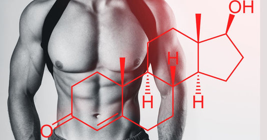 Muscular male torso with a diagram of the testosterone molecule, representing strength, energy, and enhanced libido from testosterone booster supplements.