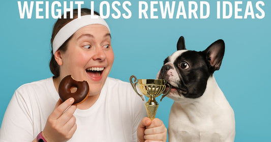 Plus-sized woman holding a donut with a medal next to a dog, celebrating a weight loss milestone