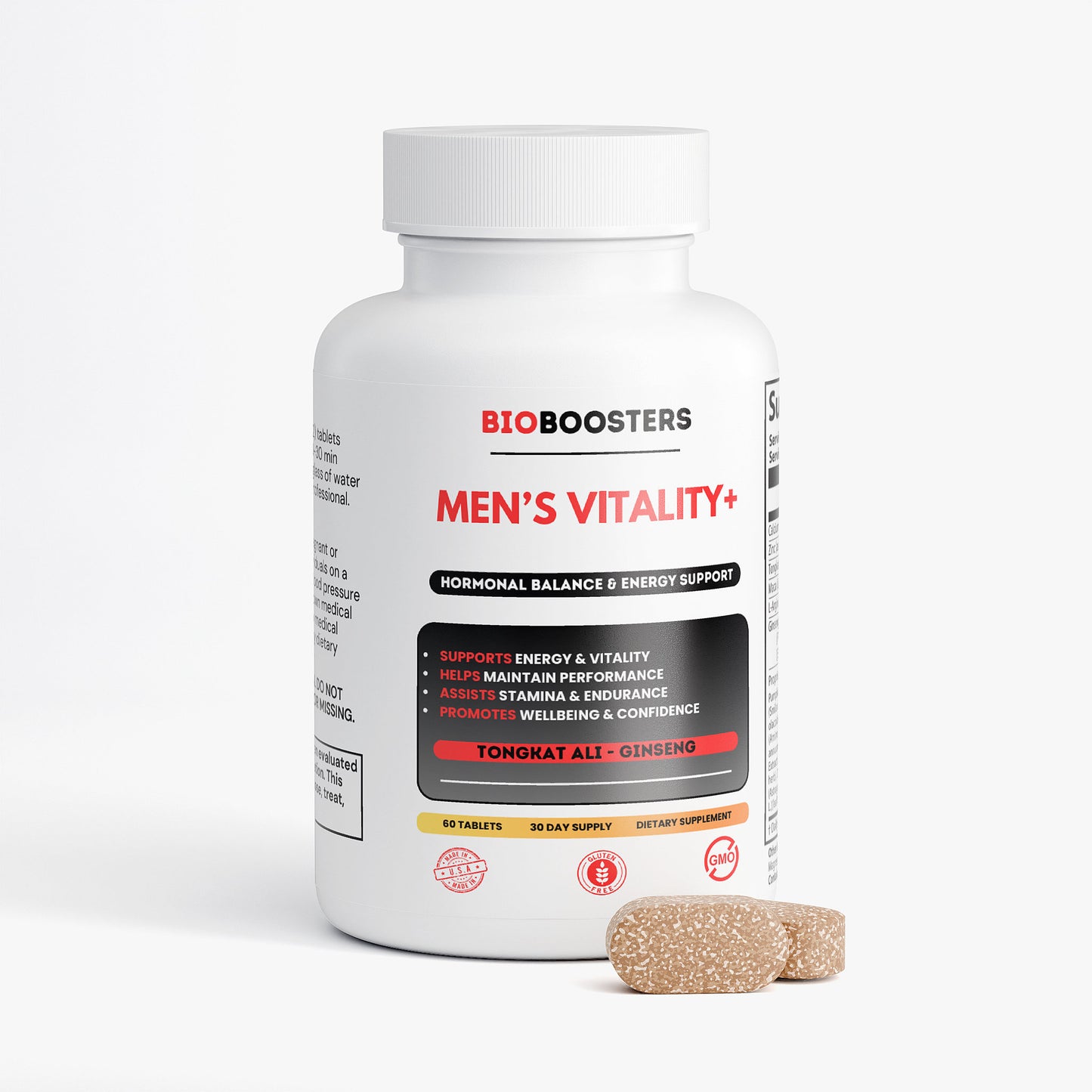 BioBoosters Men's Vitality supplement bottle with tablets on a white background