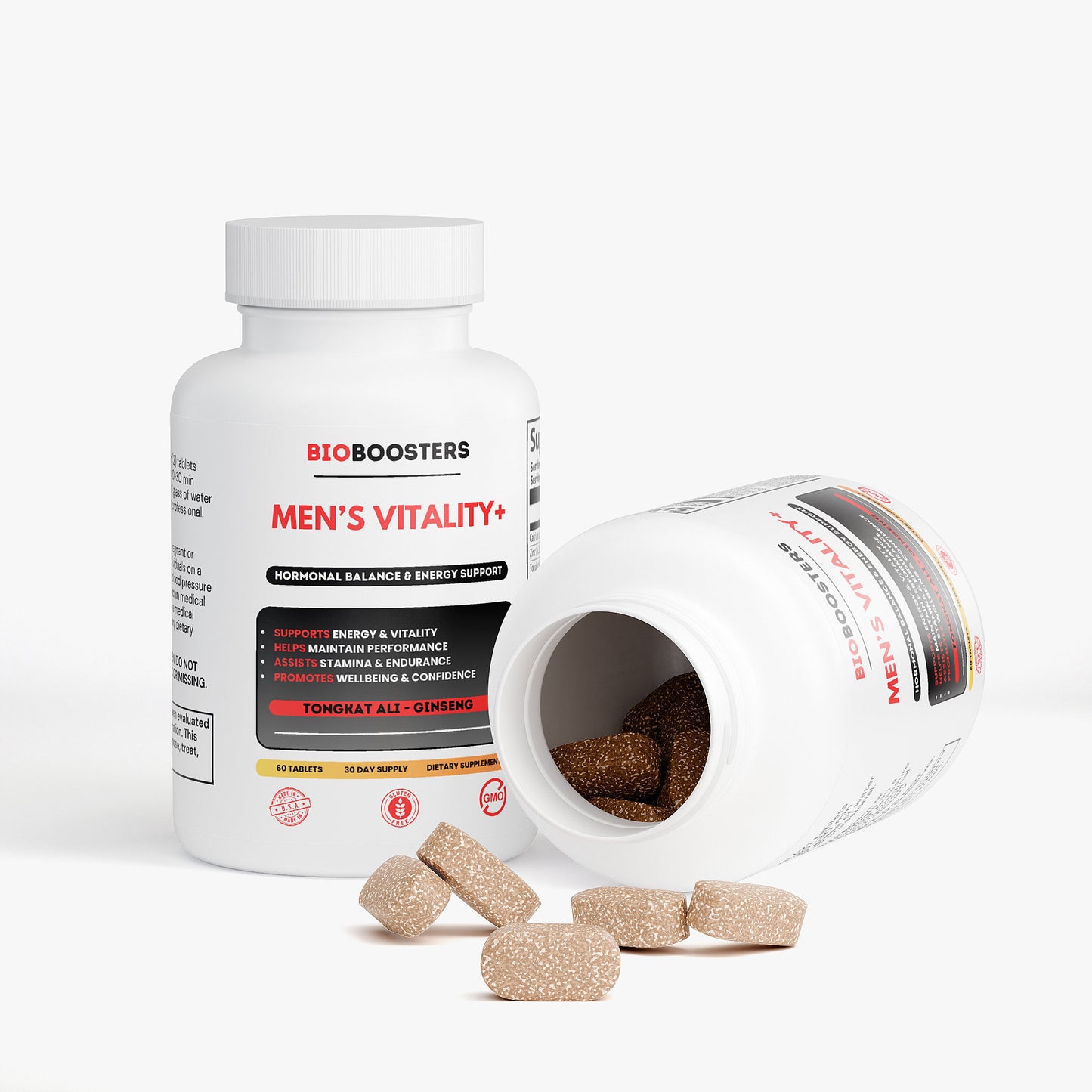 BioBoosters Men's Vitality+ supplement bottle with tablets on a white background