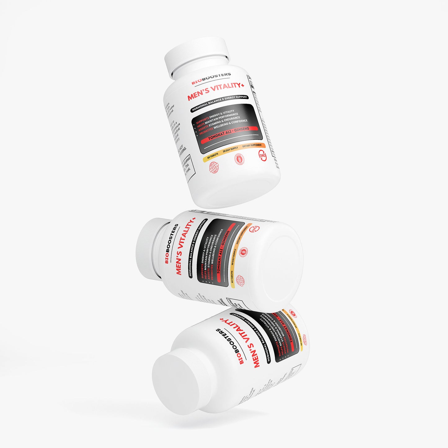 Three bottles of Men's Vitality supplement on a white background