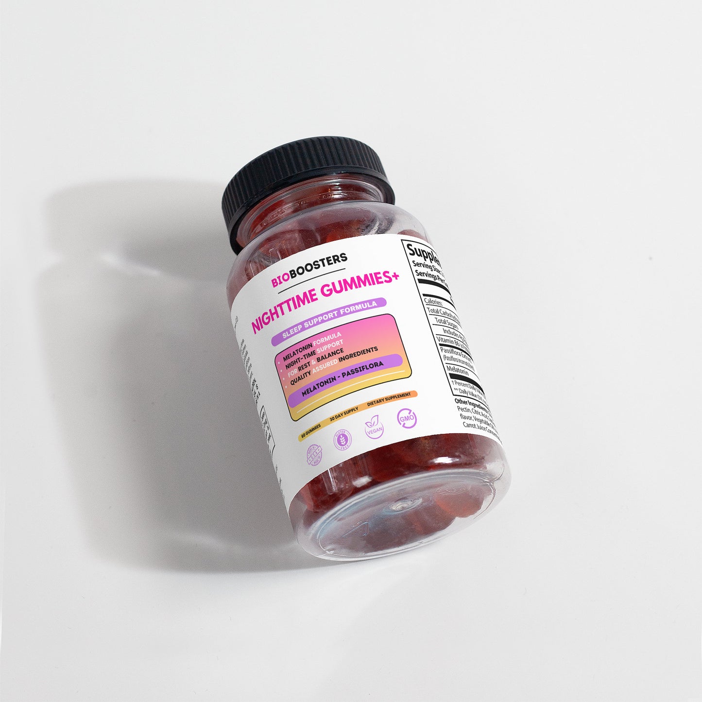 Bottle of Nighttime Gummies+ on a white background