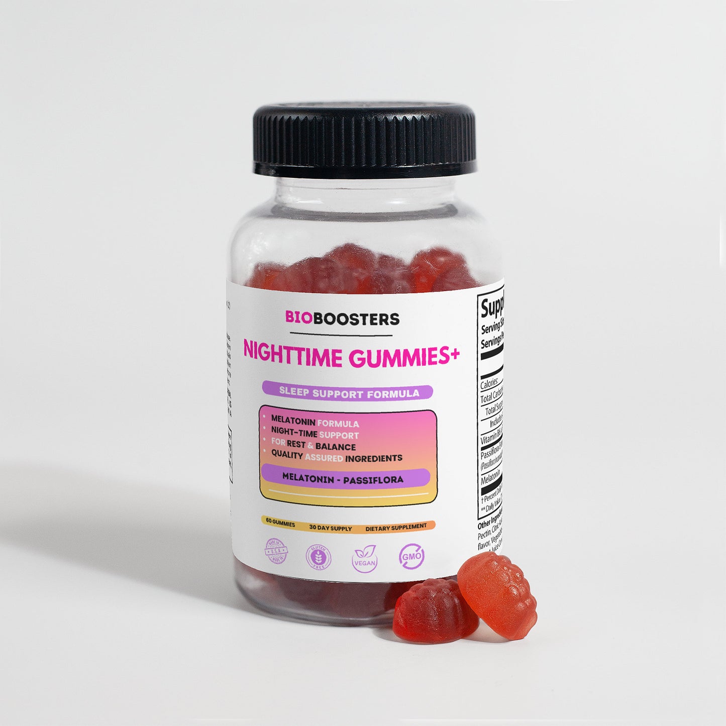 Bottle of BioBoosters Nighttime Gummies+ with gummies on a white background