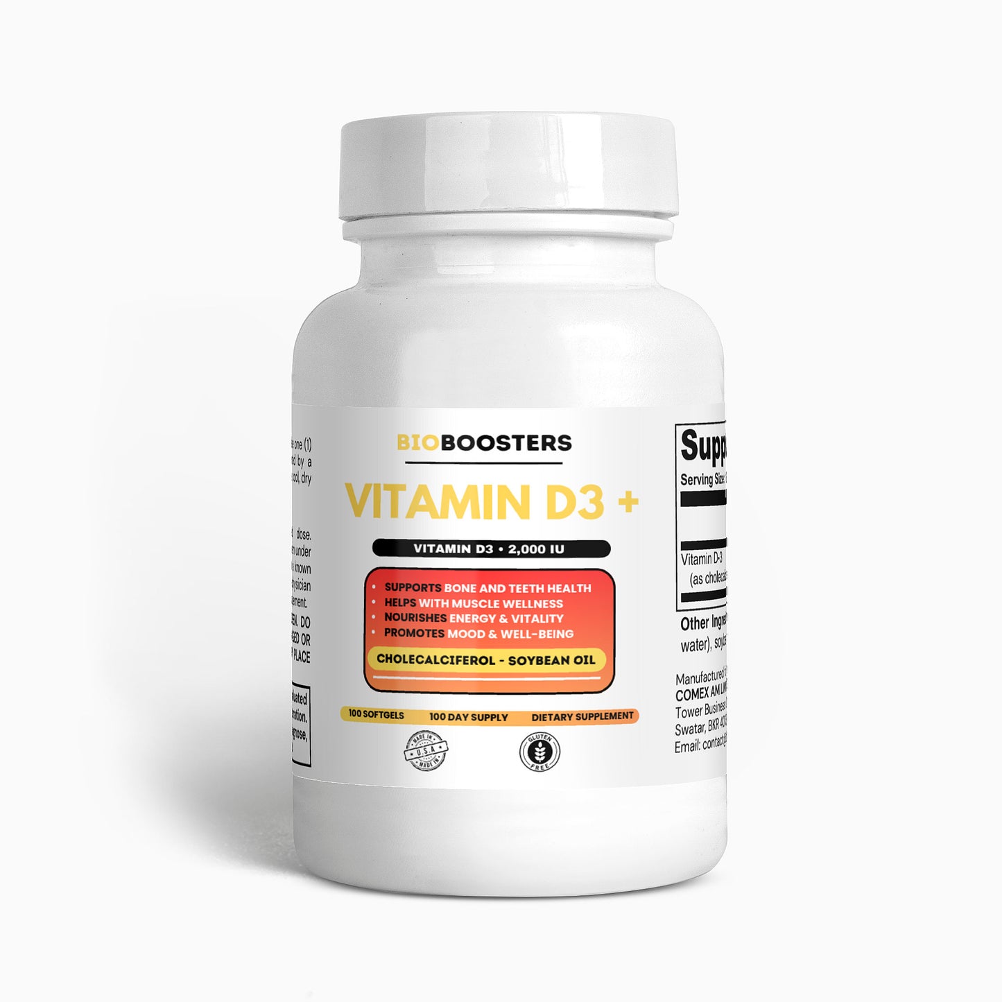 Supplement bottle labeled 'Vitamin D3+' by BioBoosters on a white background