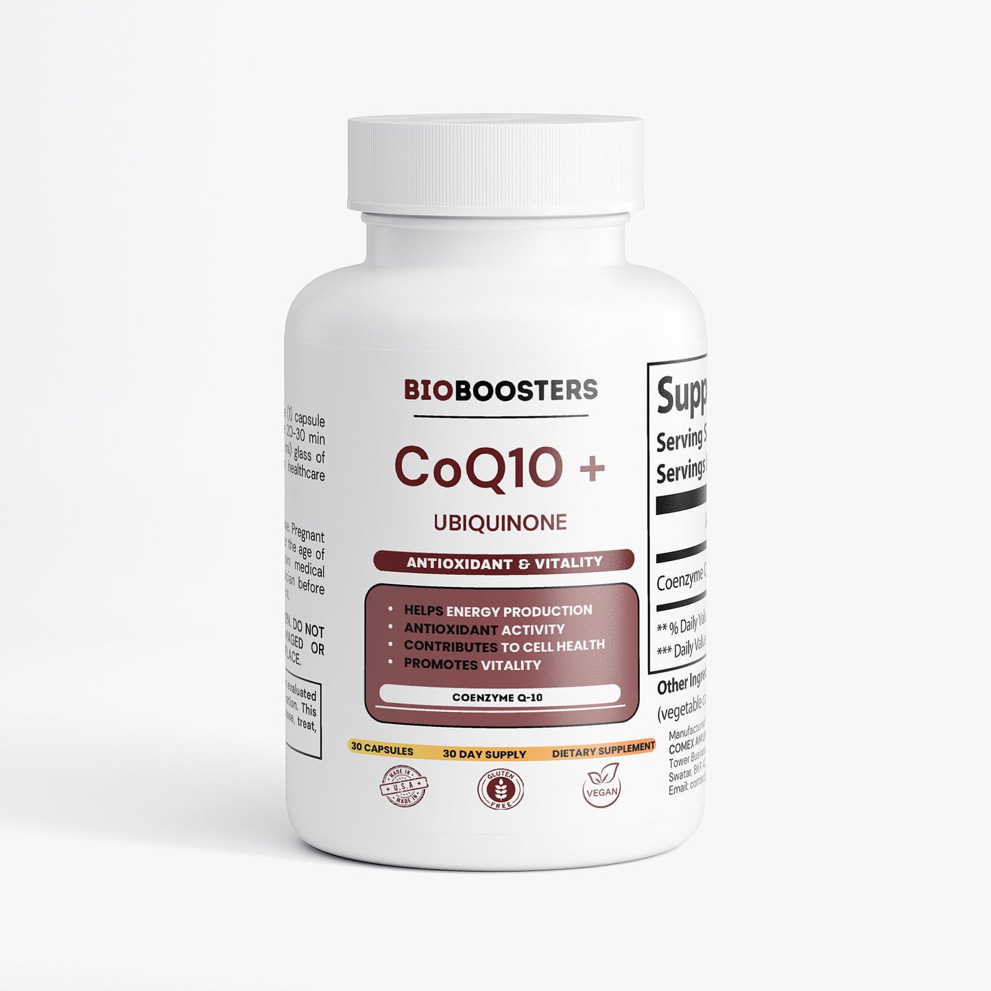 Bioboosters CoQ10+ Ubiquinone supplement bottle on a white background