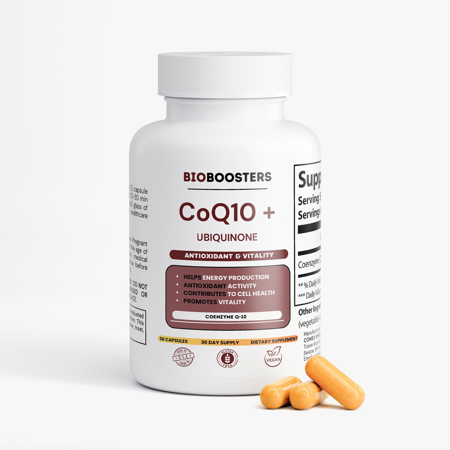Bioboosters CoQ10+ Ubiquinone supplement bottle with capsules on a white background
