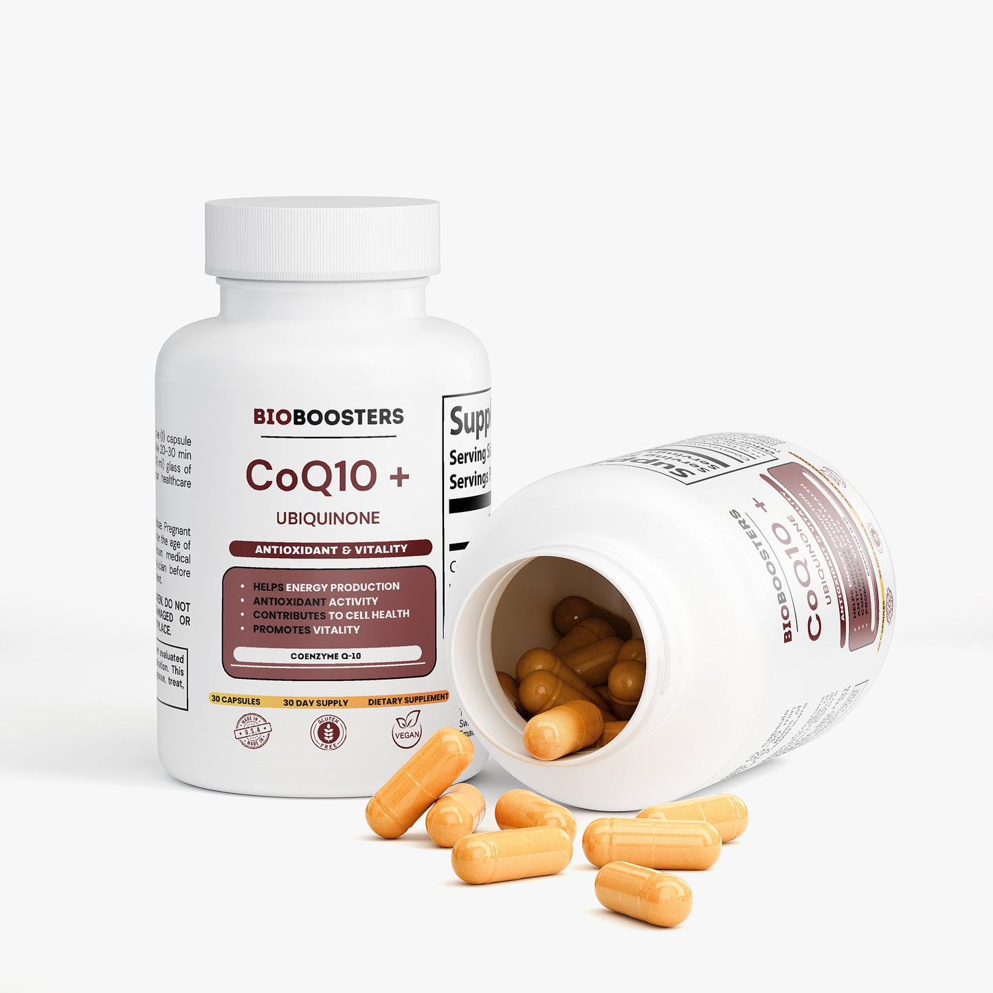 BIOBOOSTERS CoQ10 + Ubiquinone supplement bottle with open lid showing capsules on a white background