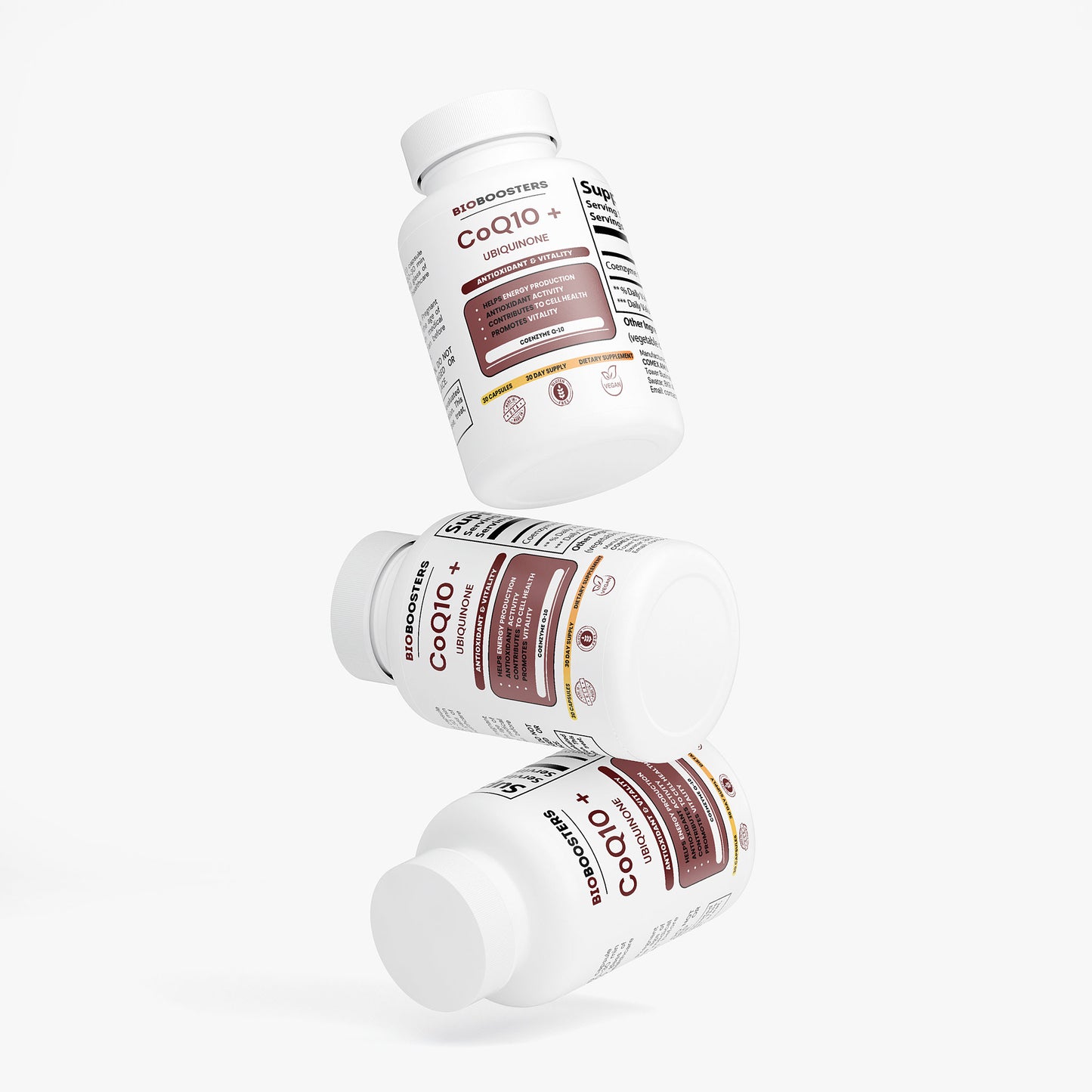 Three bottles of BioCeuticals CoQ10+ on a white background