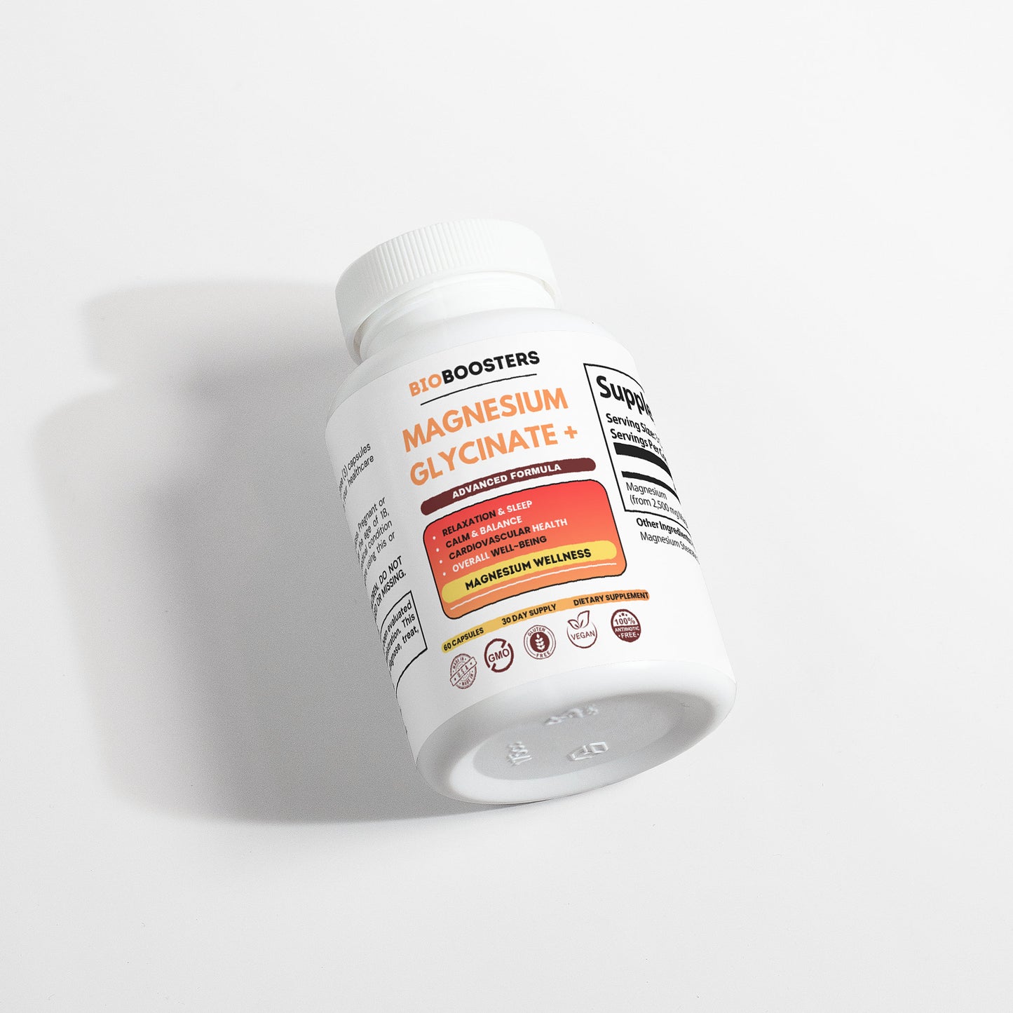 Supplement bottle labeled 'Magnesium Glycinate+' on a white background