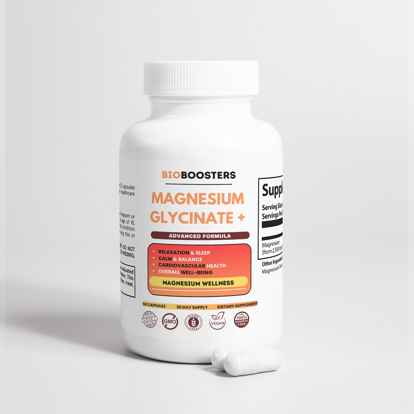 Supplement bottle labeled 'BioBoosters Magnesium Glycinate+' on a light gray background