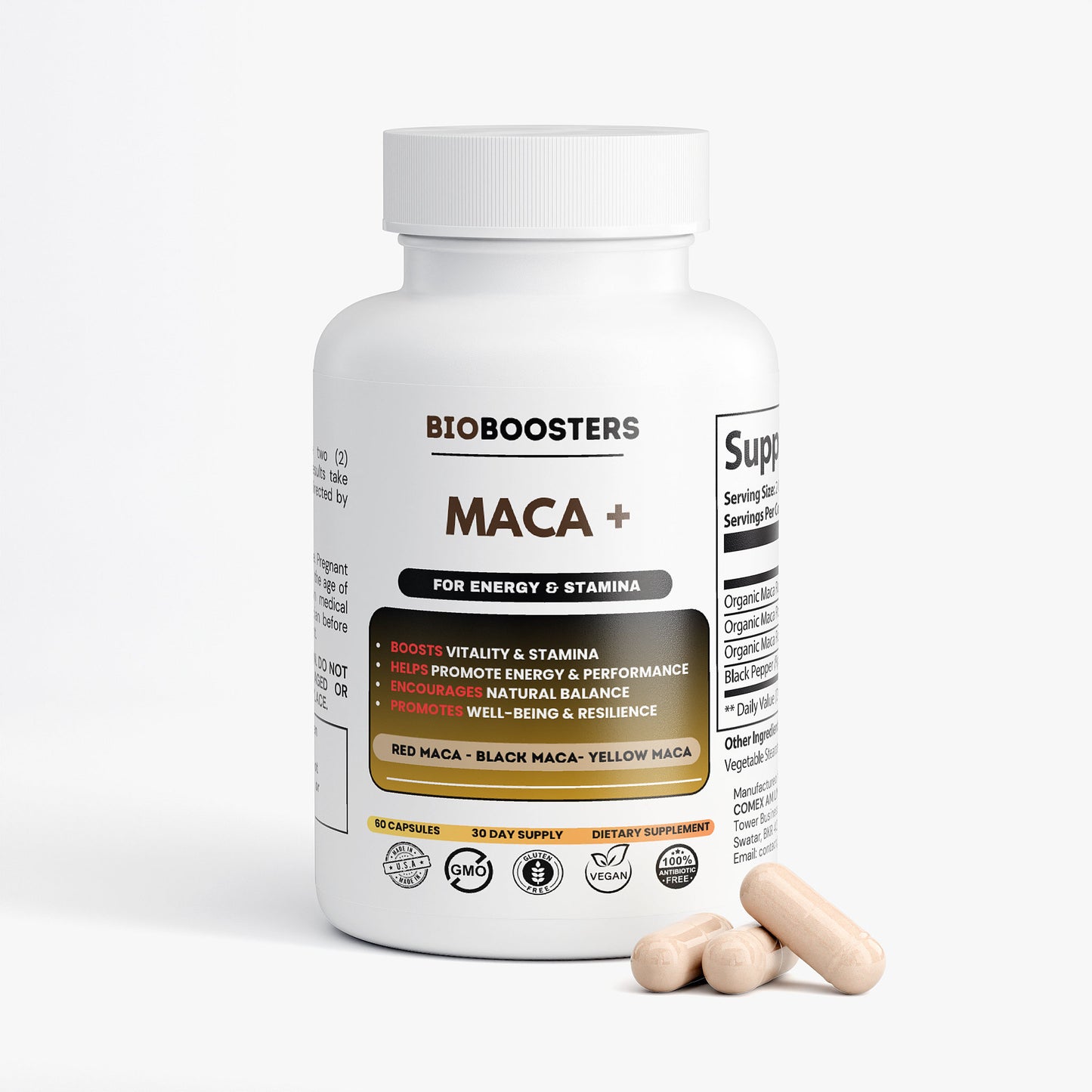 Supplement bottle labeled 'BioBoosters Maca+' with capsules on a white background