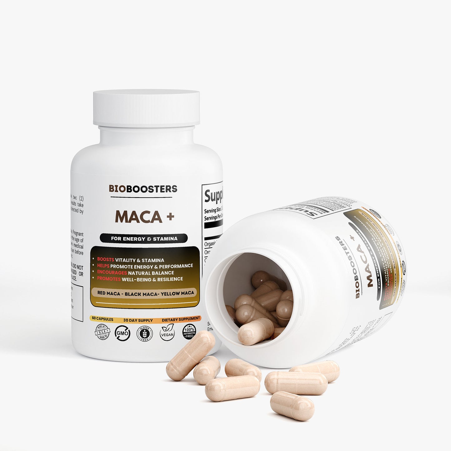 Bioboosters Maca+ supplement bottle with open lid showing capsules on a white background