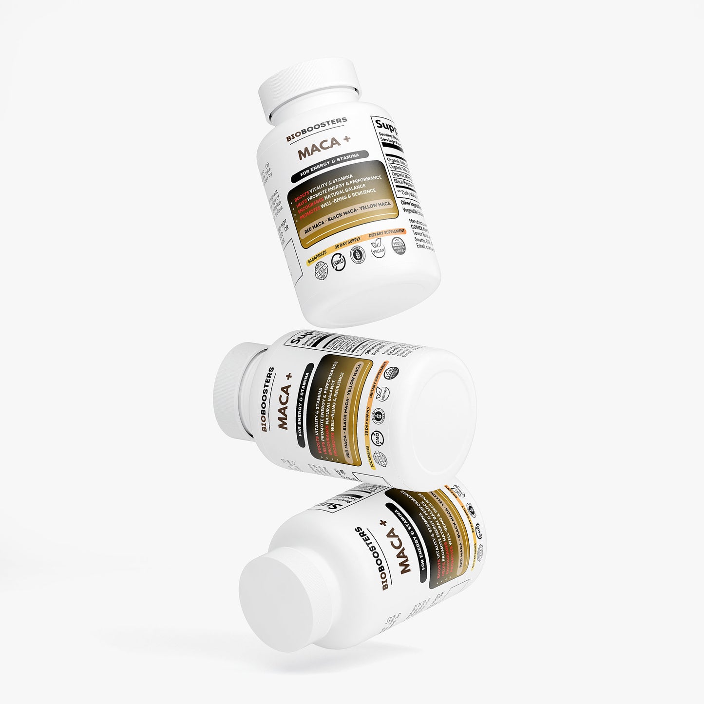 Three bottles of Biofortes Maca+ on a white background
