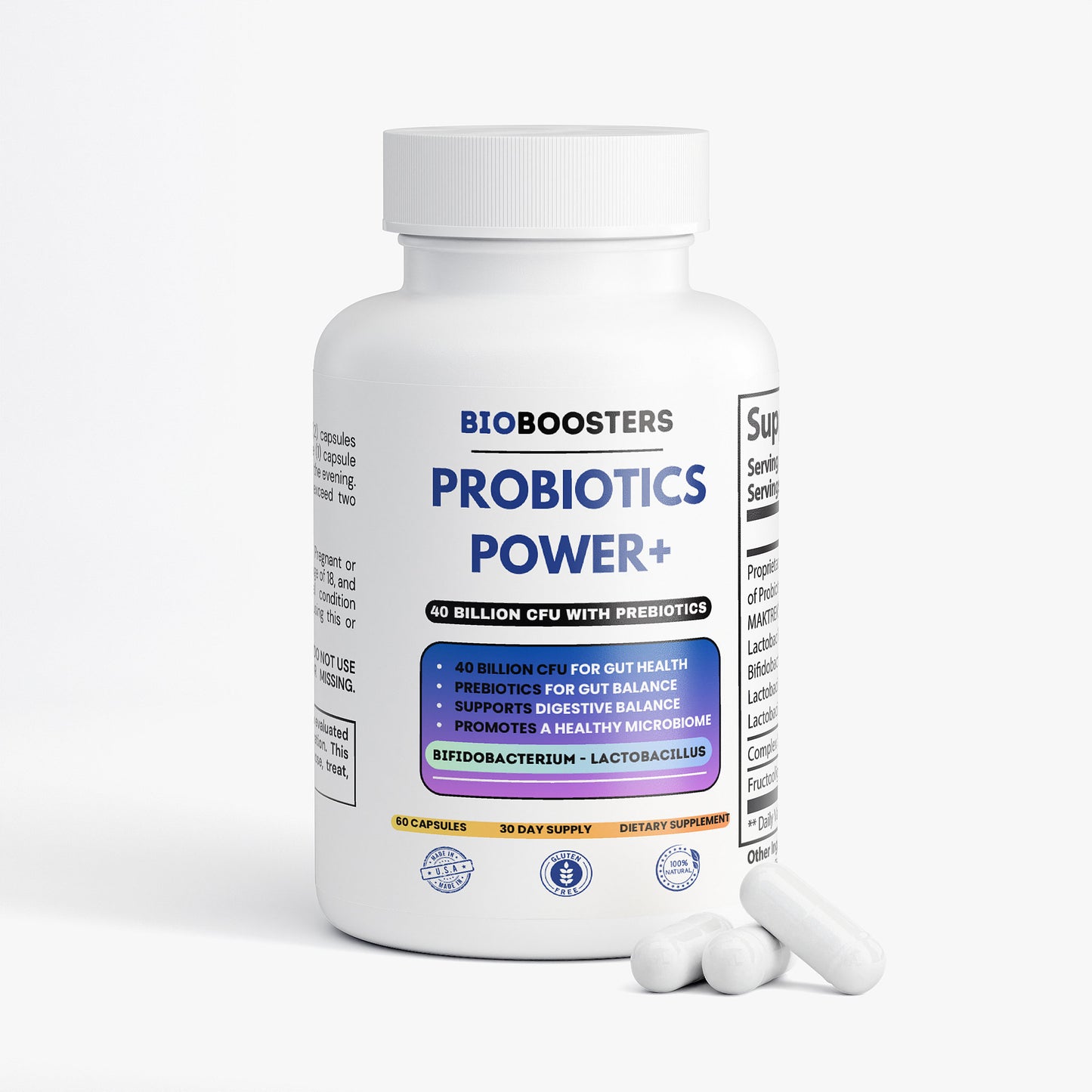 BioBoosters Probiotics Power+ supplement bottle with capsules on a white background