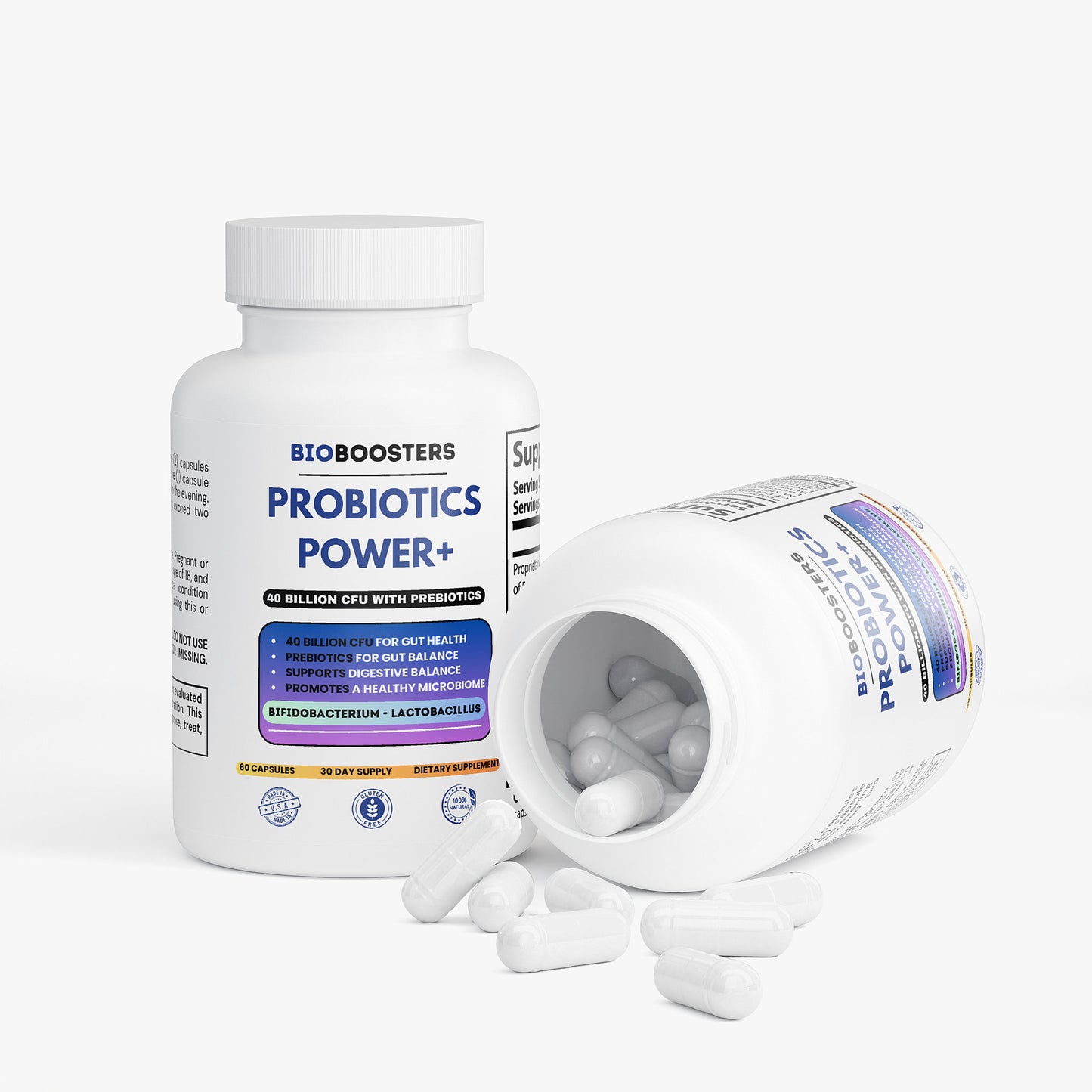 Bioboosters Probiotics Power+ supplement bottle with open lid on a white background