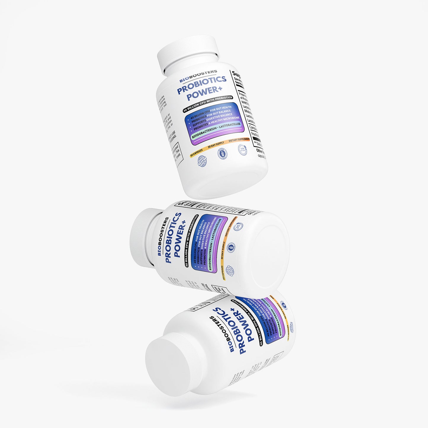 Three bottles of Probiotics Power+ on a white background