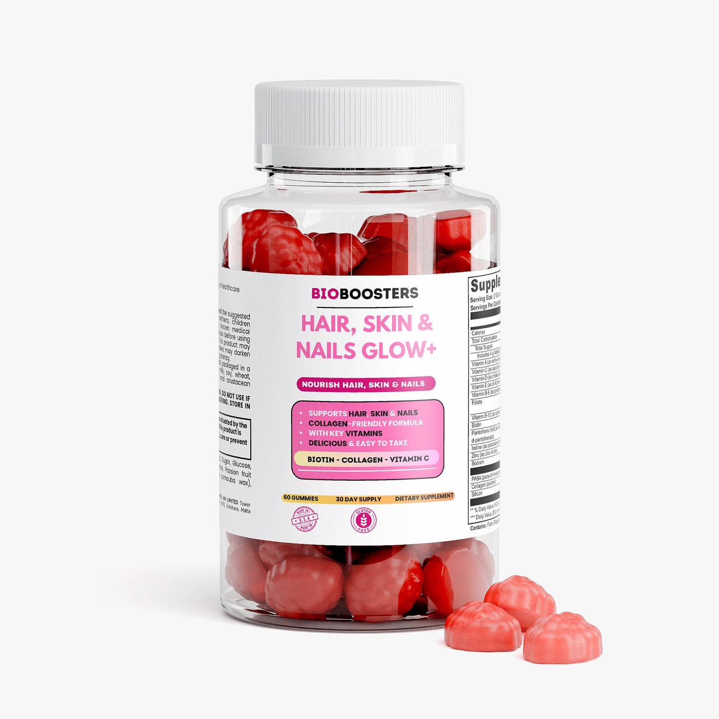 Bottle of Bioboosters hair, skin, and nails supplements with red gummy bears on a white background