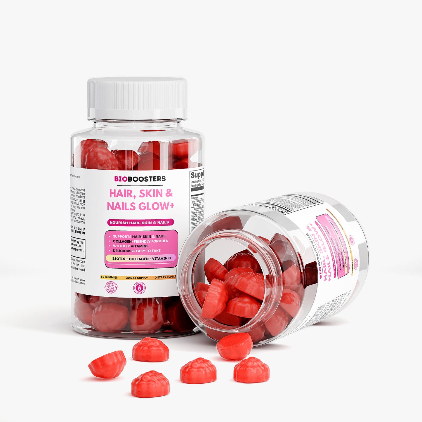 Supplement gummies in a BioBoosters container on a white background