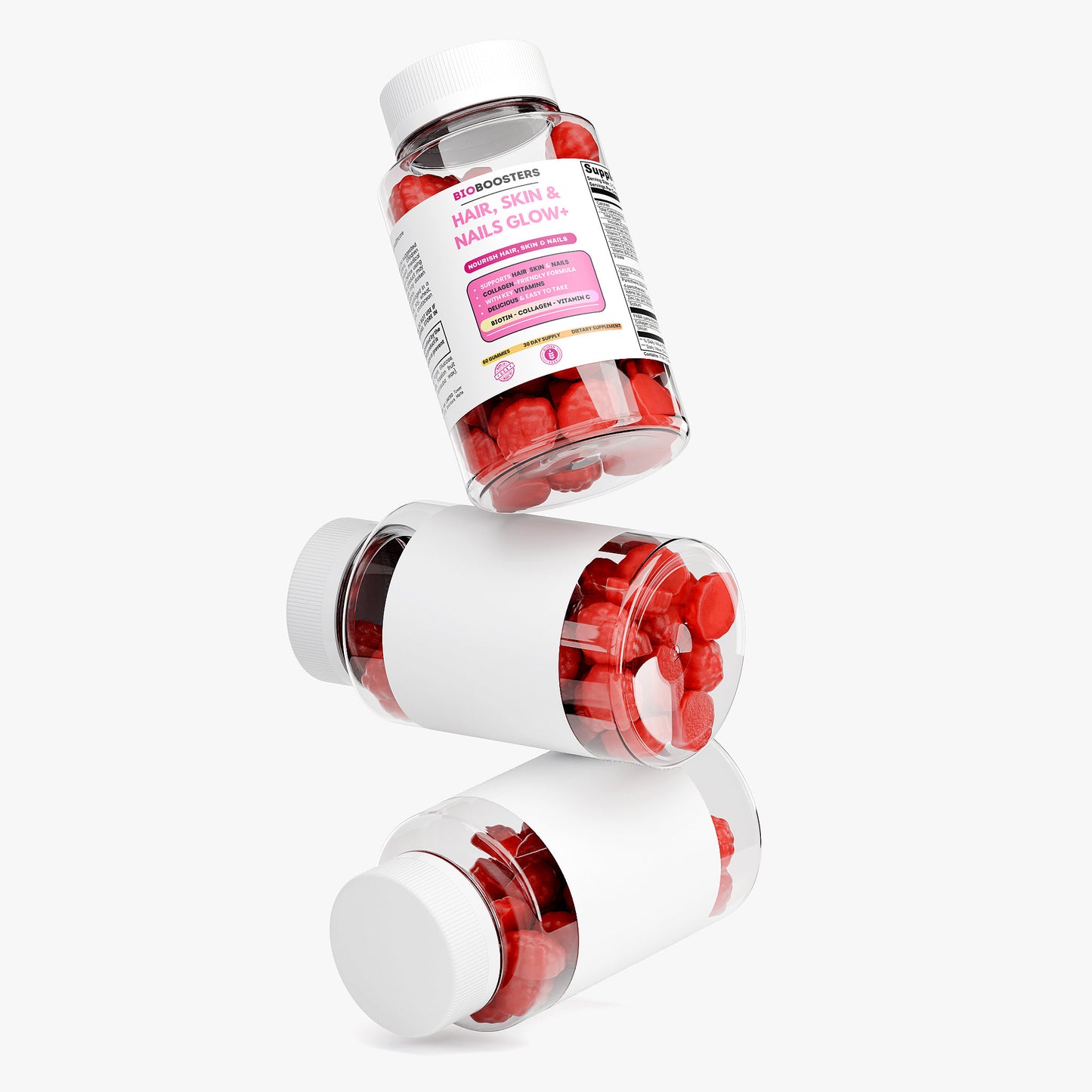 Bottle of Skin & Nails Glow with red capsules on a white background