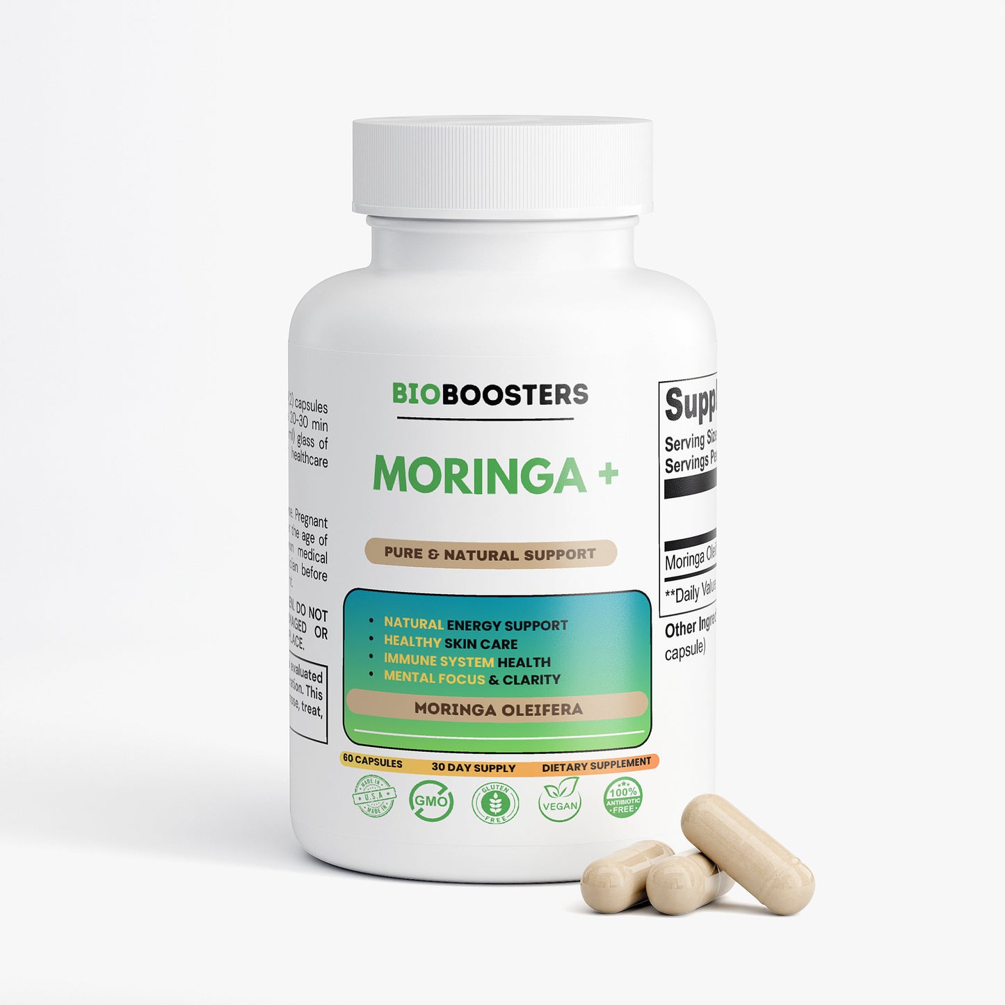Bottle of BioBoosters Moringa supplement with capsules on a white background