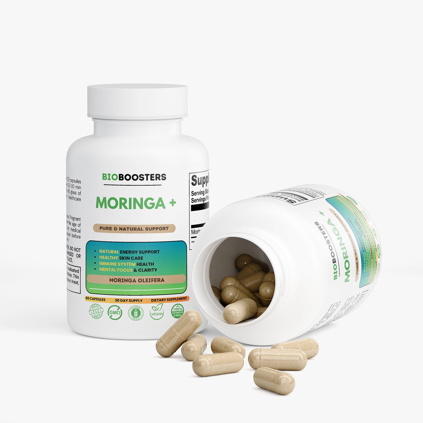 BioBoosters Moringa supplement bottle with open lid showing capsules on a white background