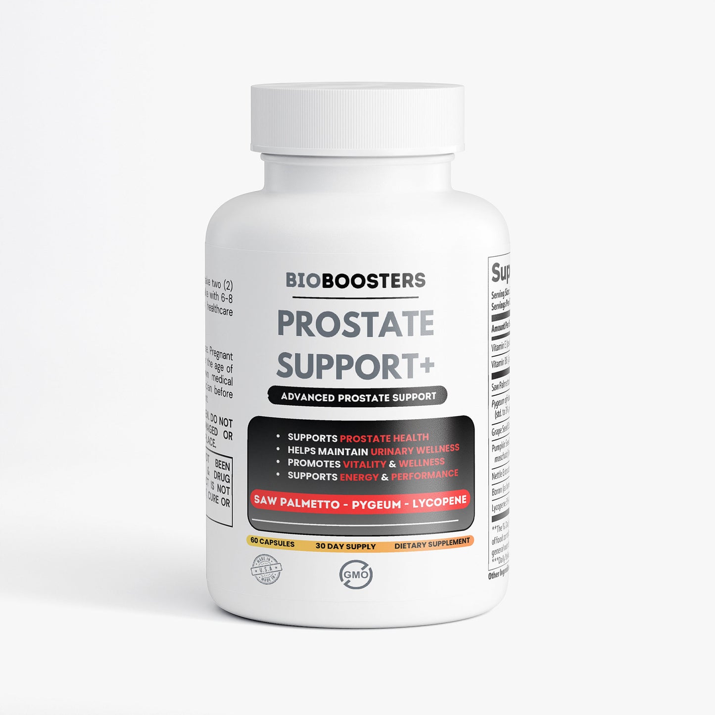 Bottle of BioBoosters Prostate Support supplement on a white background