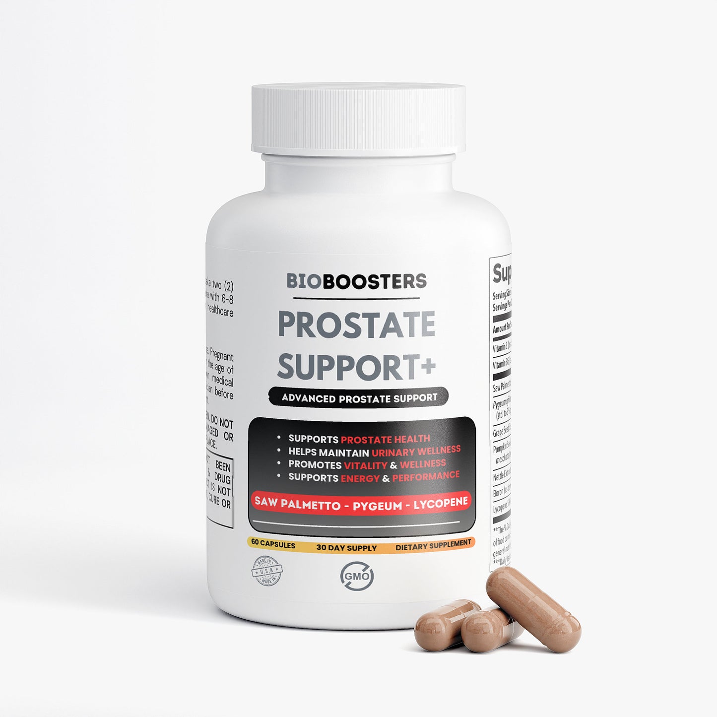 Bottle of BioBoosters Prostate Support supplement with capsules on a white background