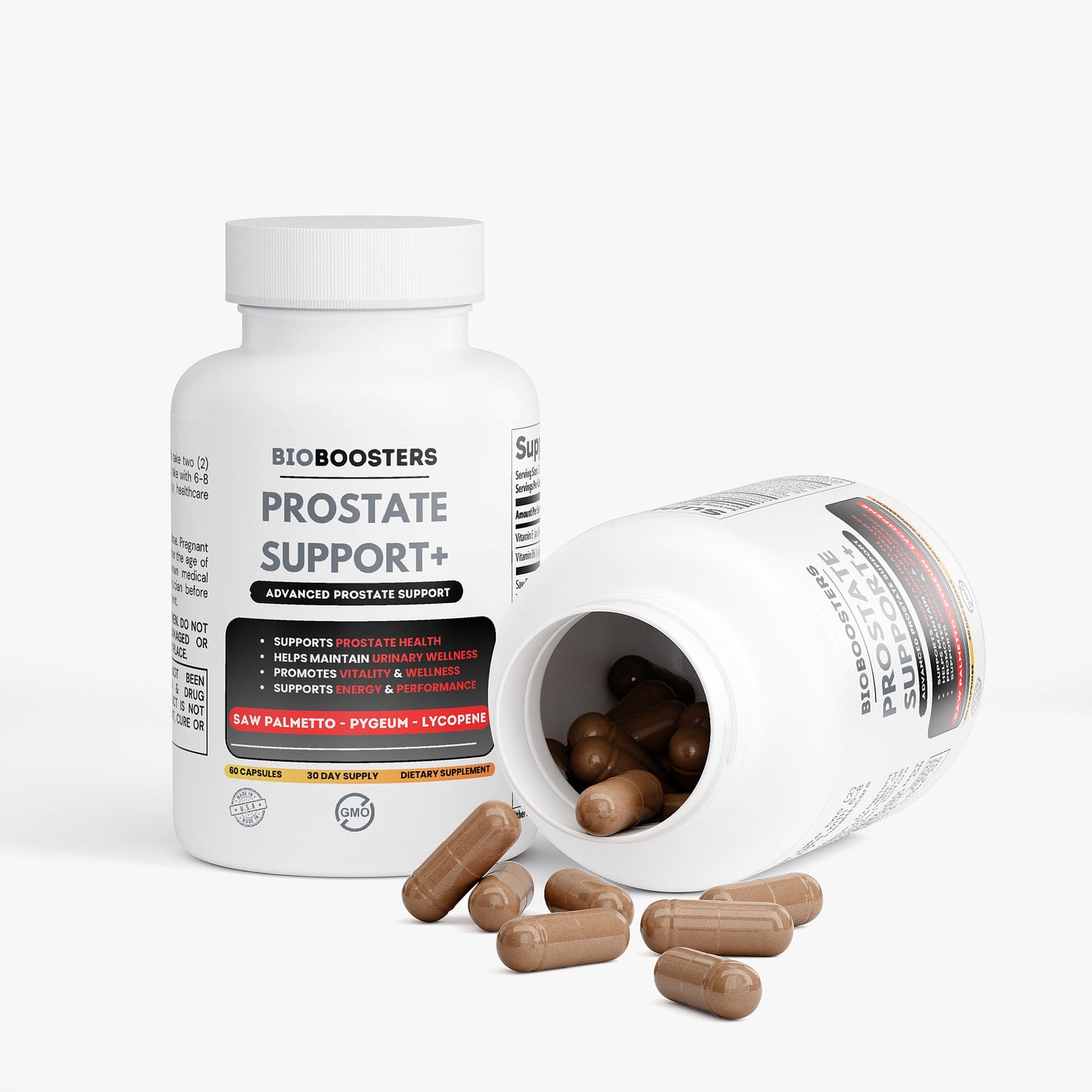 BioBoosters Prostate Support supplement bottle with open lid showing capsules on a white background