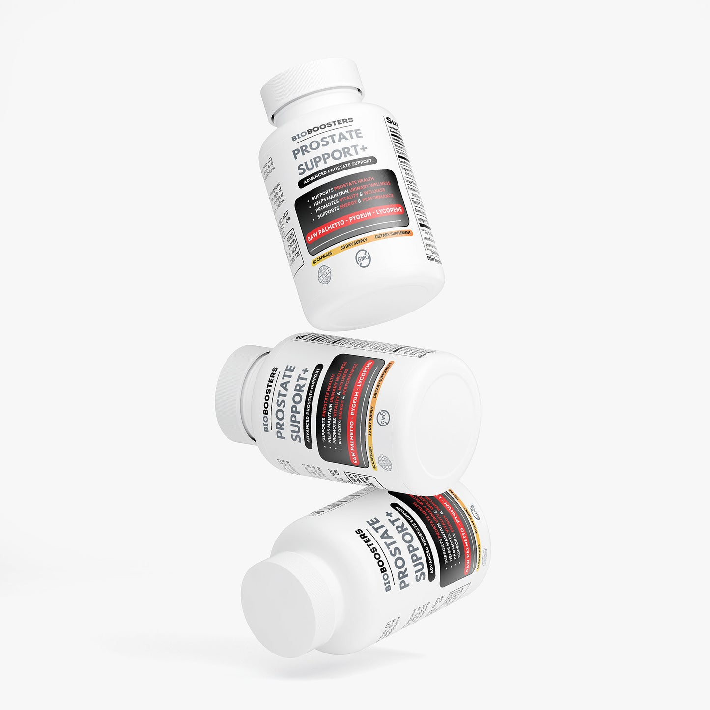 Three bottles of Prostate Support supplement on a white background