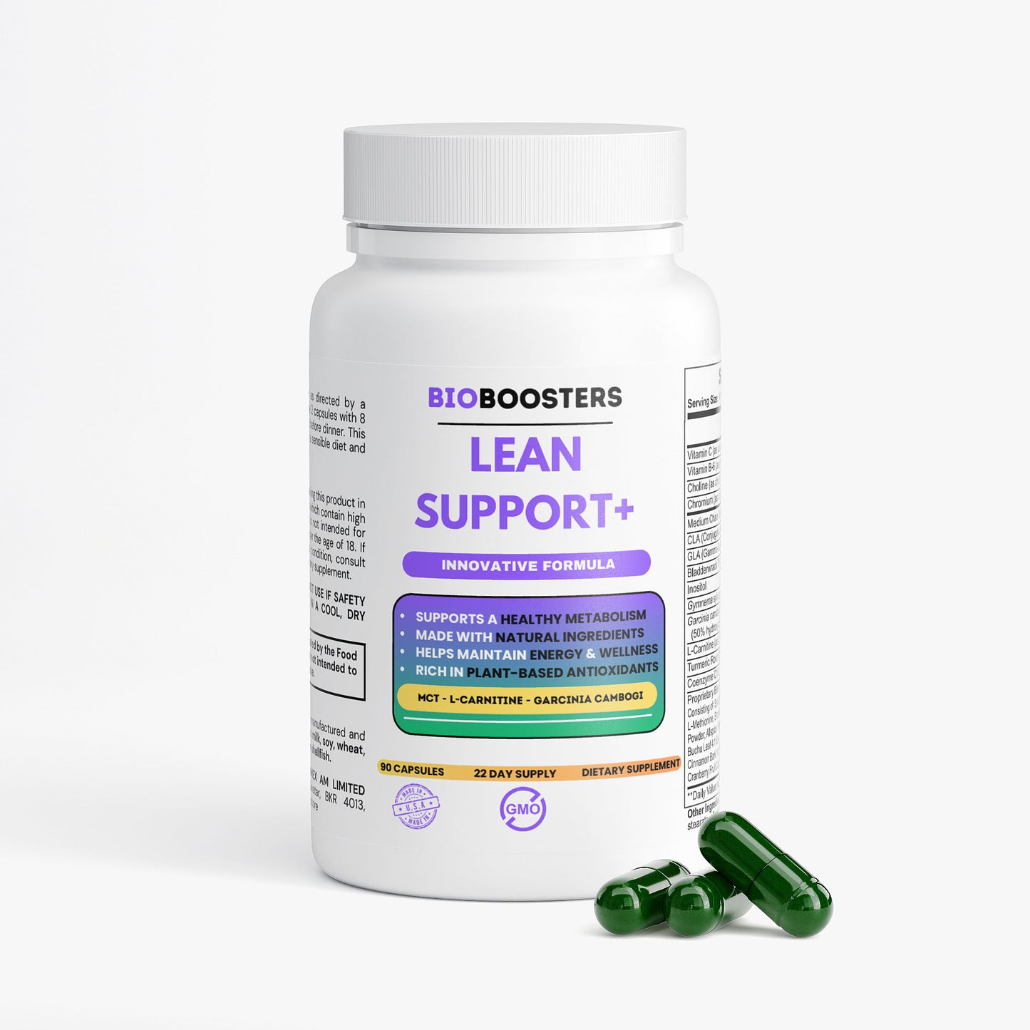 BioBoosters Lean Support+ supplement bottle with capsules on a white background