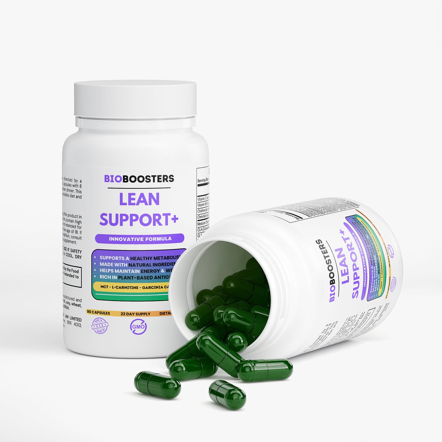 BioBoosters Lean Support+ supplement bottle with green capsules on a white background