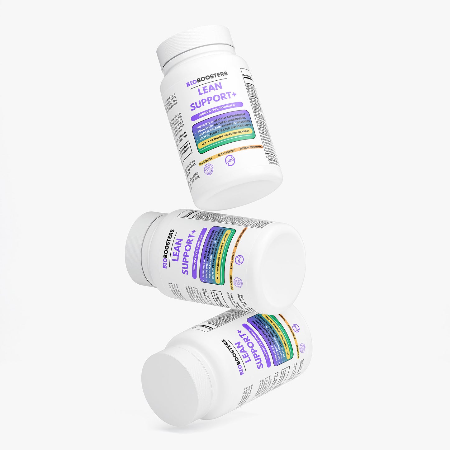 Three bottles of BioCeuticals Lean Support supplement on a white background