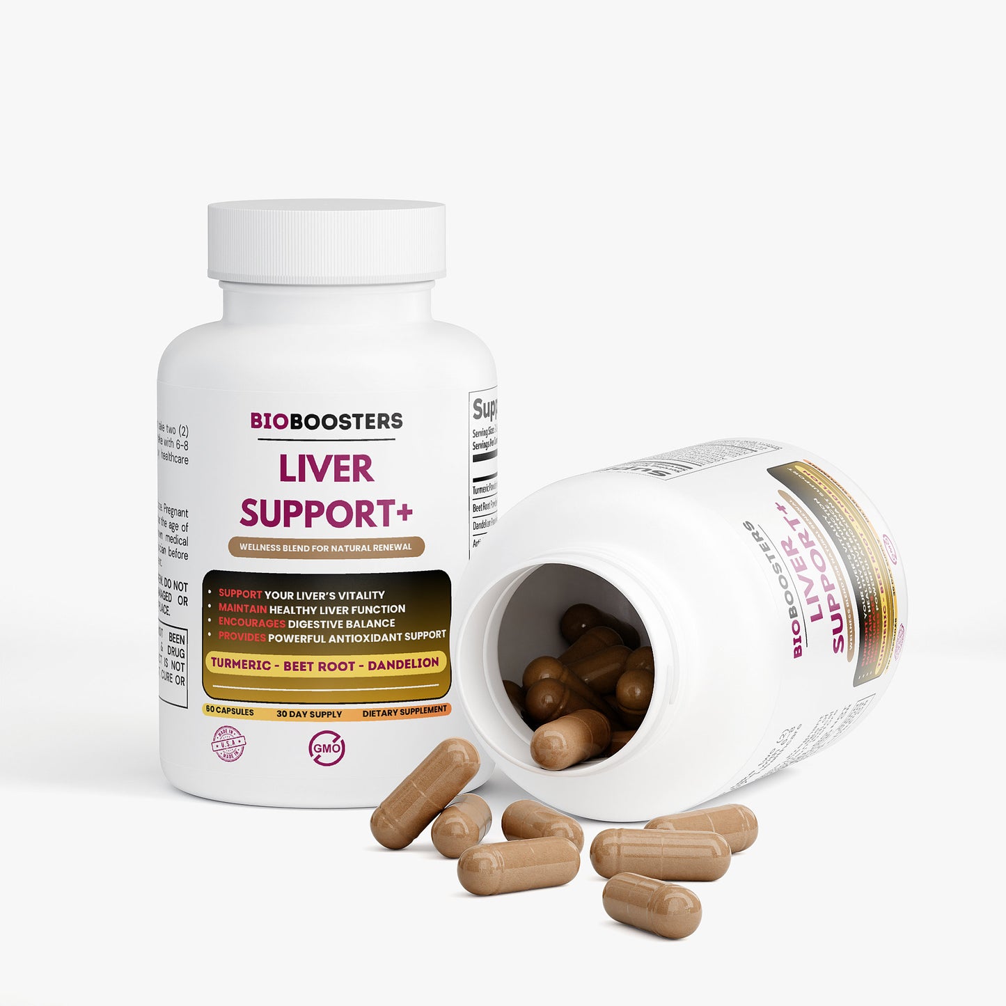 BioBoosters Liver Support supplement bottle with open lid showing capsules on a white background