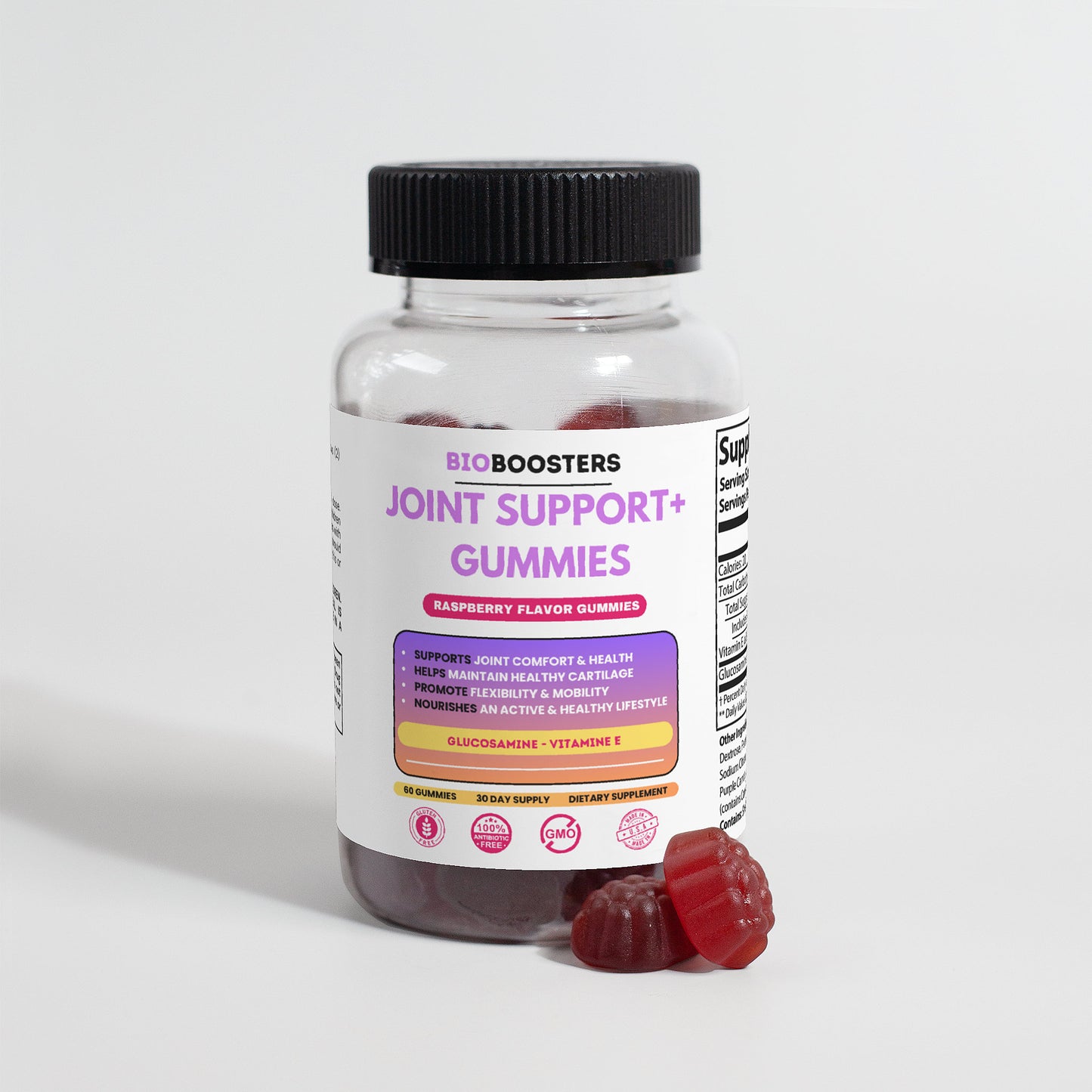Bottle of BioBoosters Joint Support Gummies with a white label on a light gray background