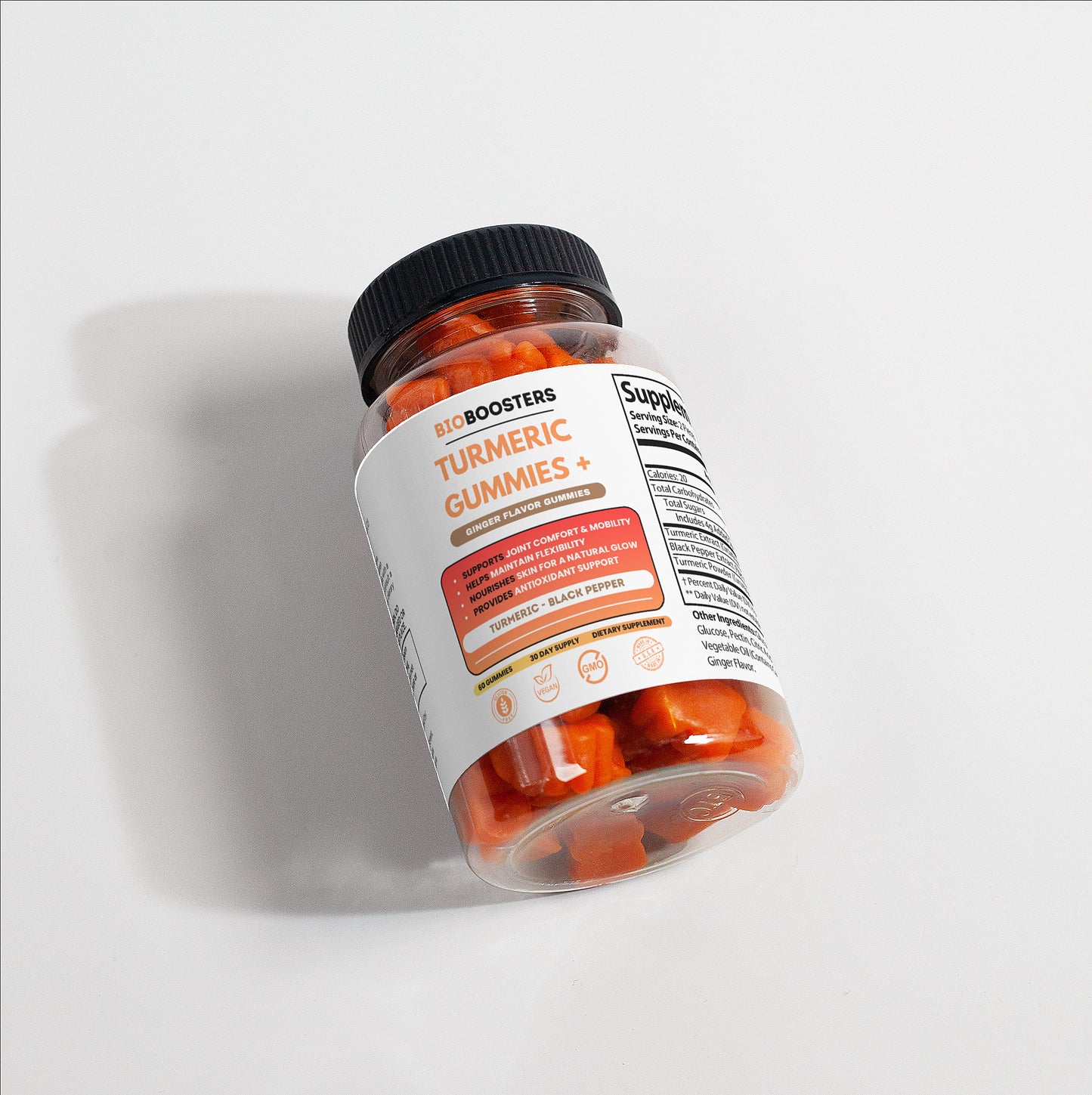 Jar of turmeric gummies with a label on a white background