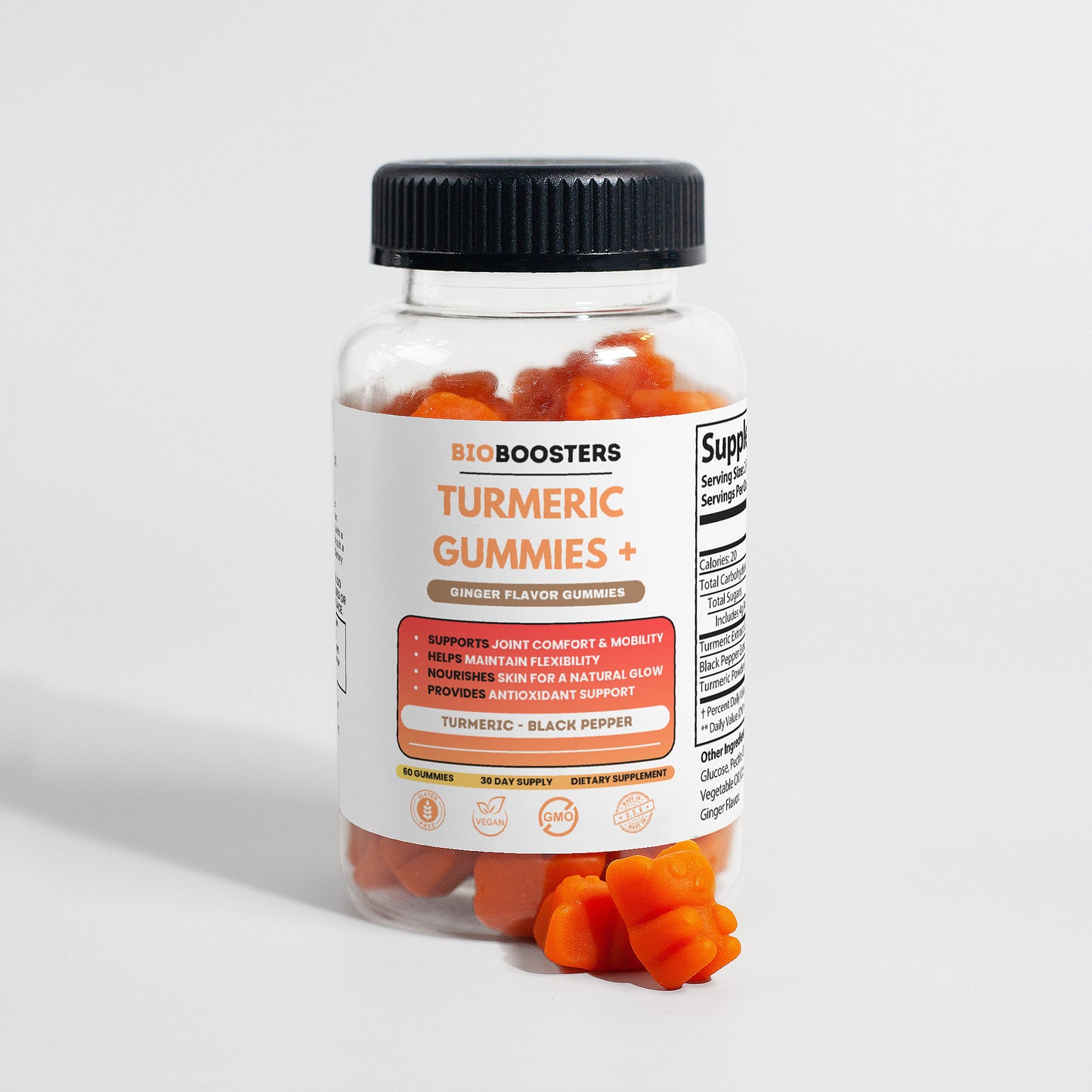 Bottle of Big Boosters Turmeric Gummies on a light gray background