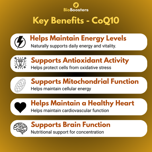 List of key benefits of CoQ10 with BioBoosters logo on a gradient background