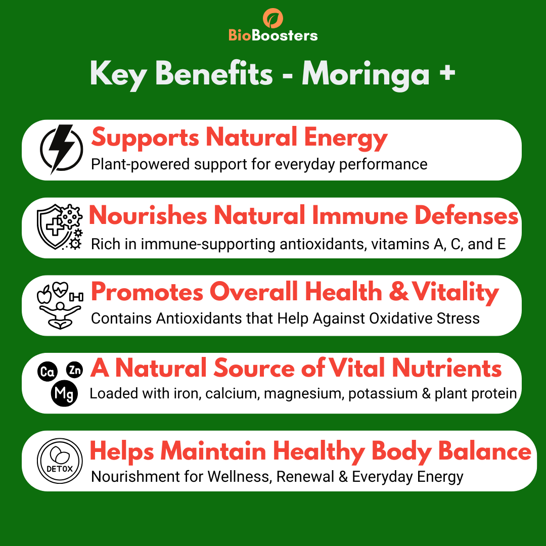 Key benefits of Moringa + by BioBoosters on a green background