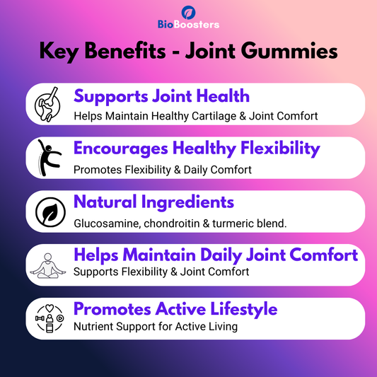 Key benefits of BioBoosters joint gummies on a gradient purple and pink background