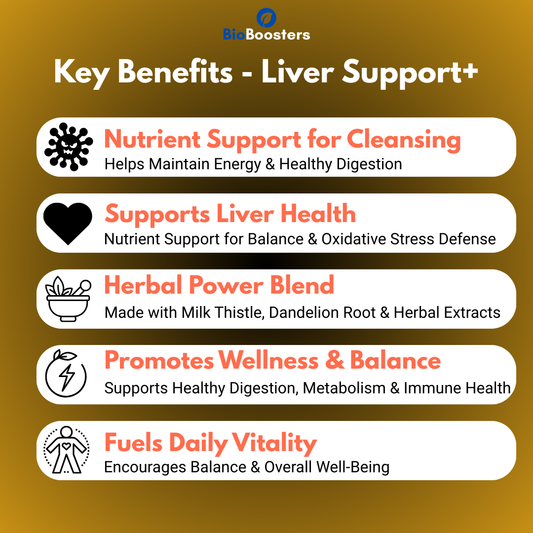 Key benefits of a liver support supplement on a gold background with BlueBoosters branding.