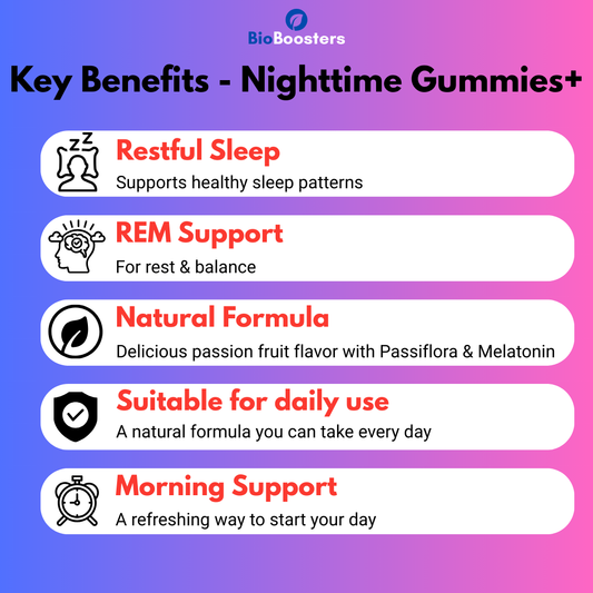 Key benefits of Nighttime Gummies+ with a colorful gradient background