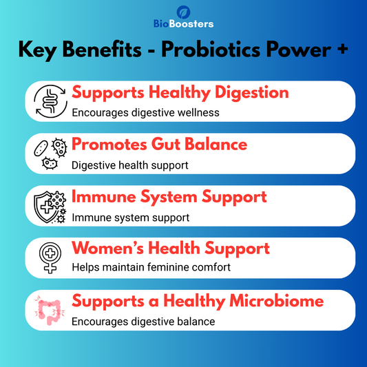 List of key benefits of probiotics on a blue gradient background with Bio Boosters branding.