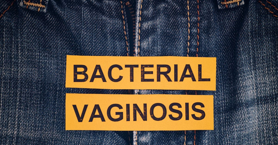 Close-up image of jeans at the vaginal area with text 'Bacterial Vaginosis', highlighting the connection between vaginal health and infections.
