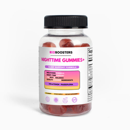 Bottle of BioBoosters Nighttime Gummies on a white background