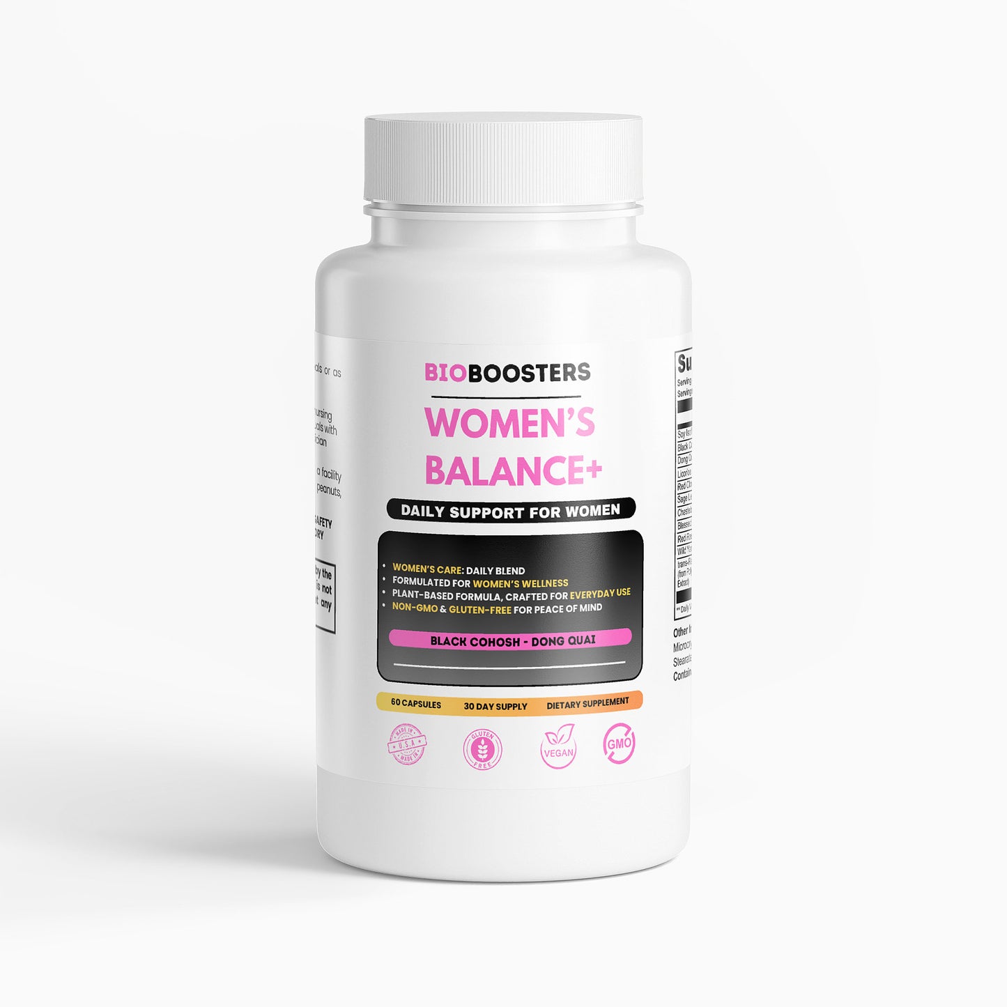 Bottle of BioBoosters Women's Balance+ supplement on a white background