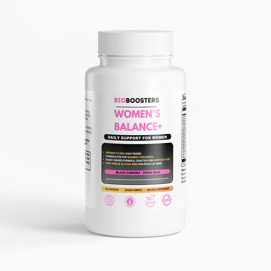 Bottle of BioBoosters Women's Balance+ supplement on a white background