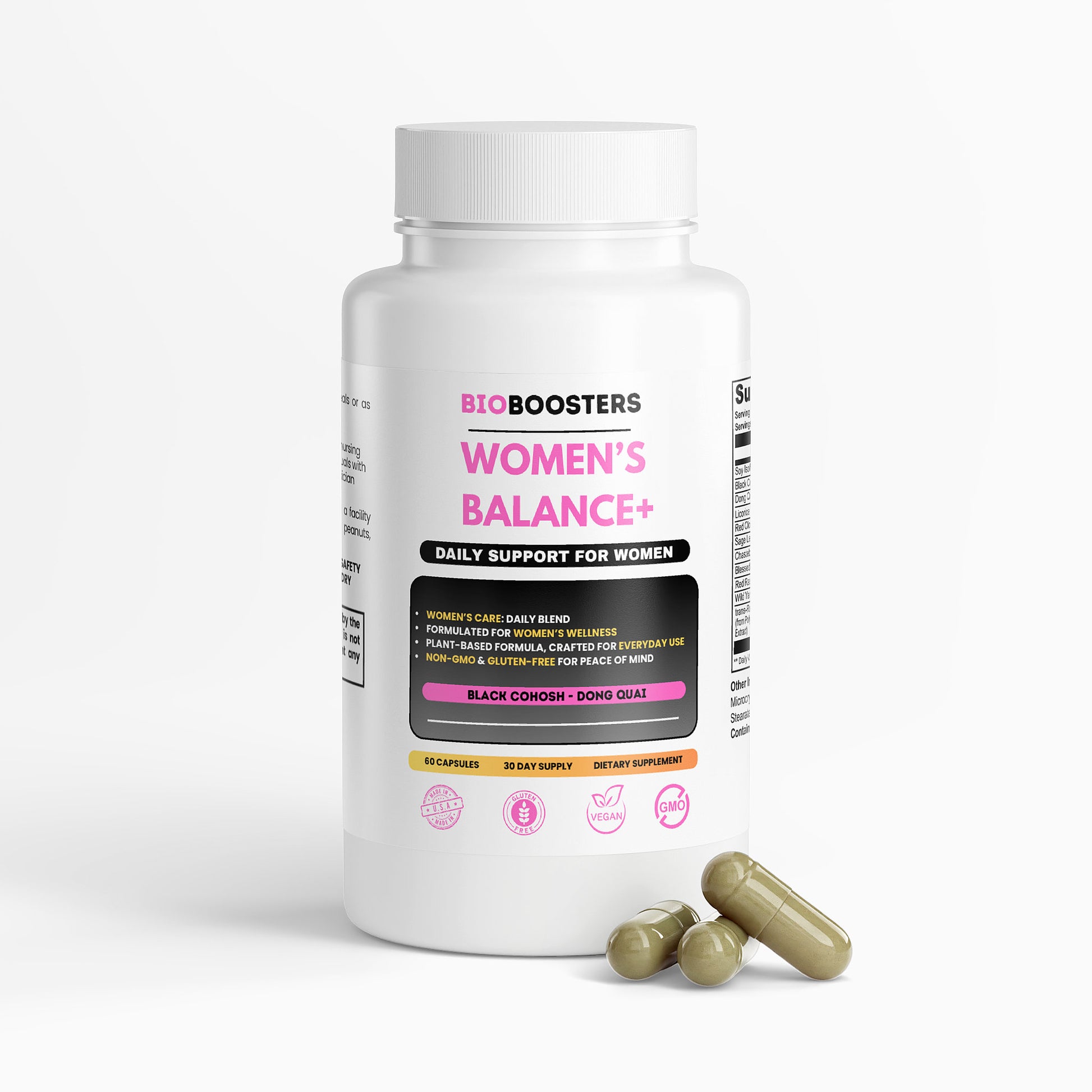 Bottle of BioBoosters Women's Balance+ supplement with capsules on a white background