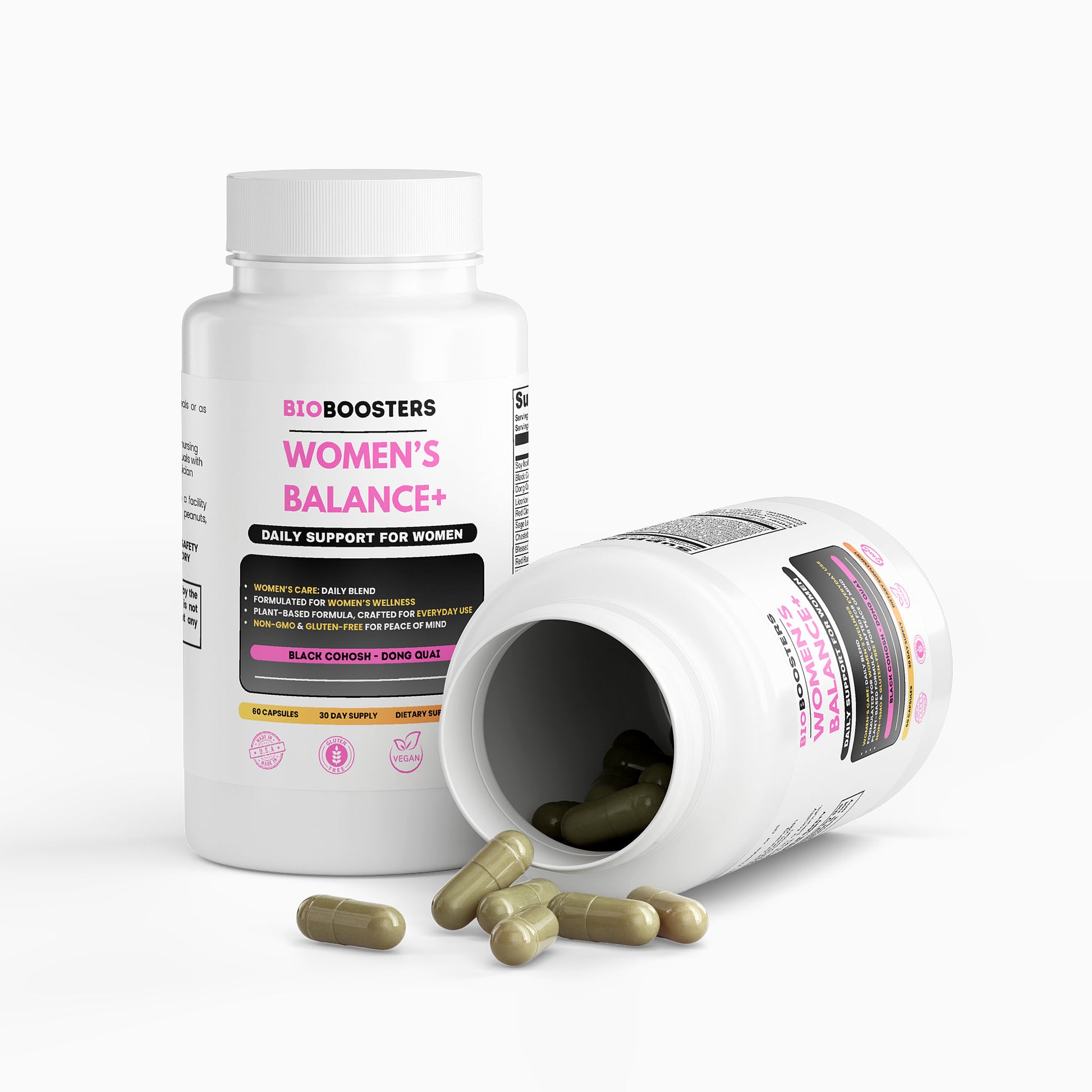 BioBoosters Women's Balance+ supplement bottle with pills on a white background